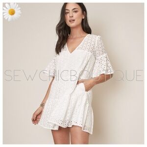 WHITE Woven Eyelet Mini Ruffle Dress